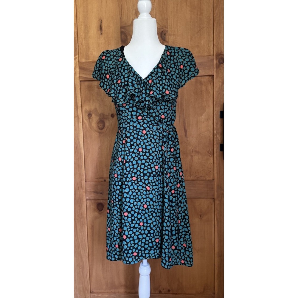 Anthropologie HD in Paris Black Green Polka Dot Faux Wrap Dress Womens Size 4